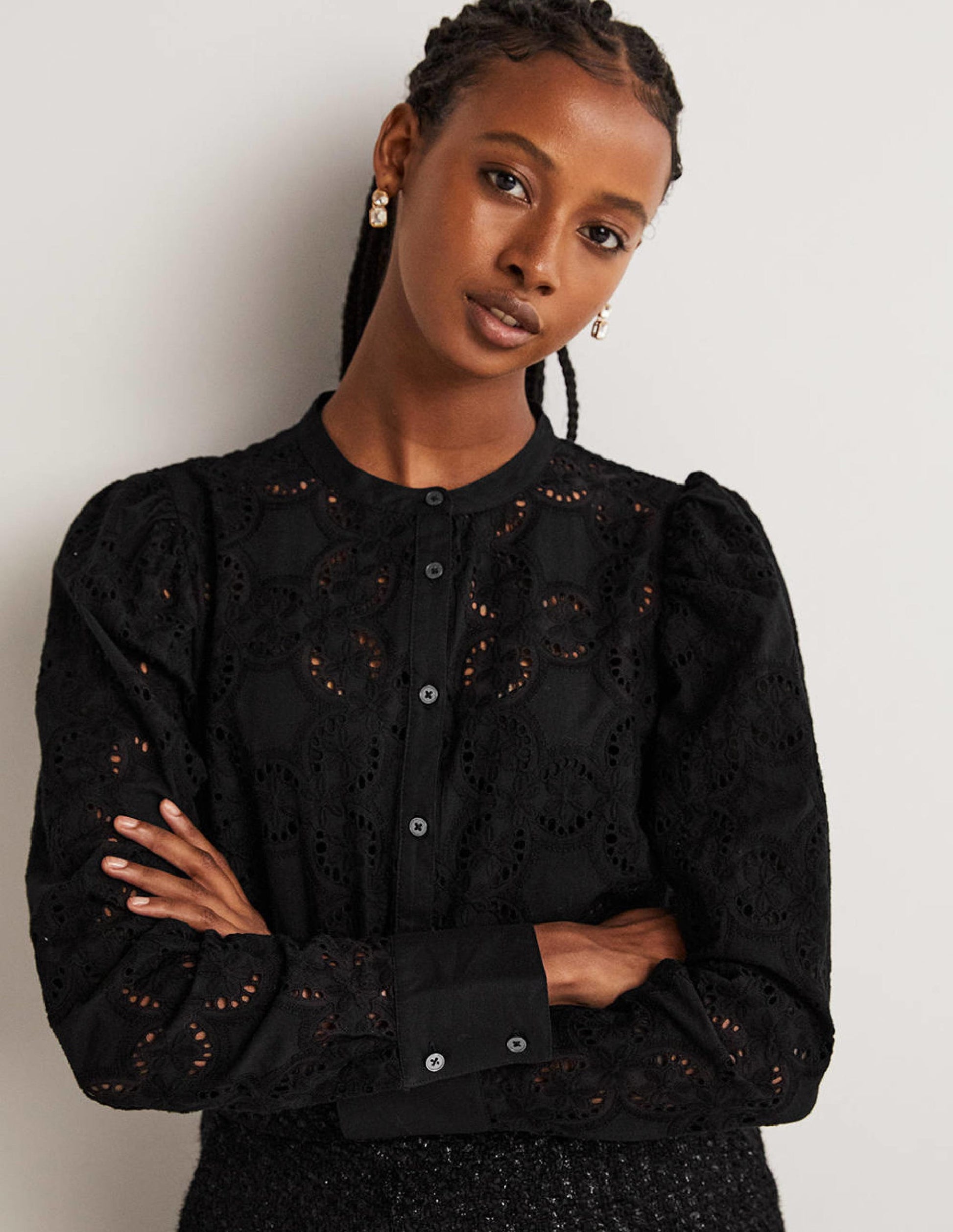 Mutton Sleeve Broderie Blouse-Black-4