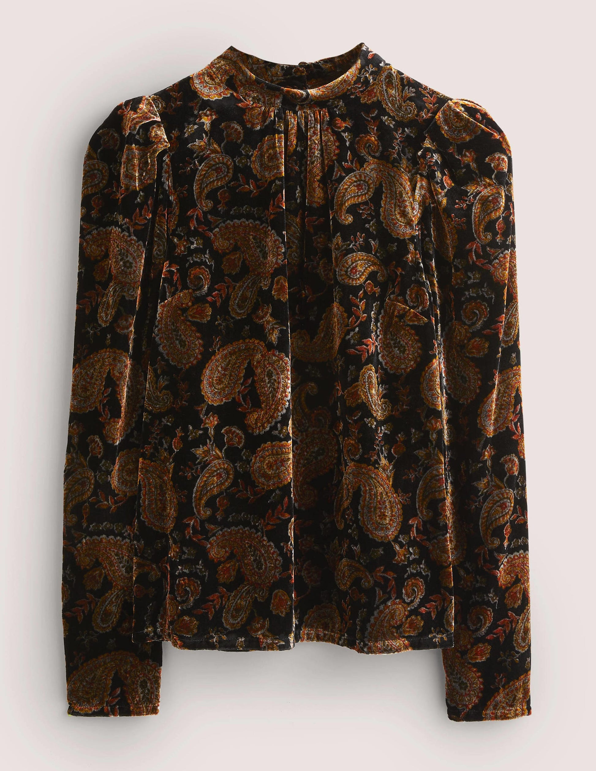 Black Paisley Mutton Sleeve Velvet Top-Schwarz, Paisleymuster-5