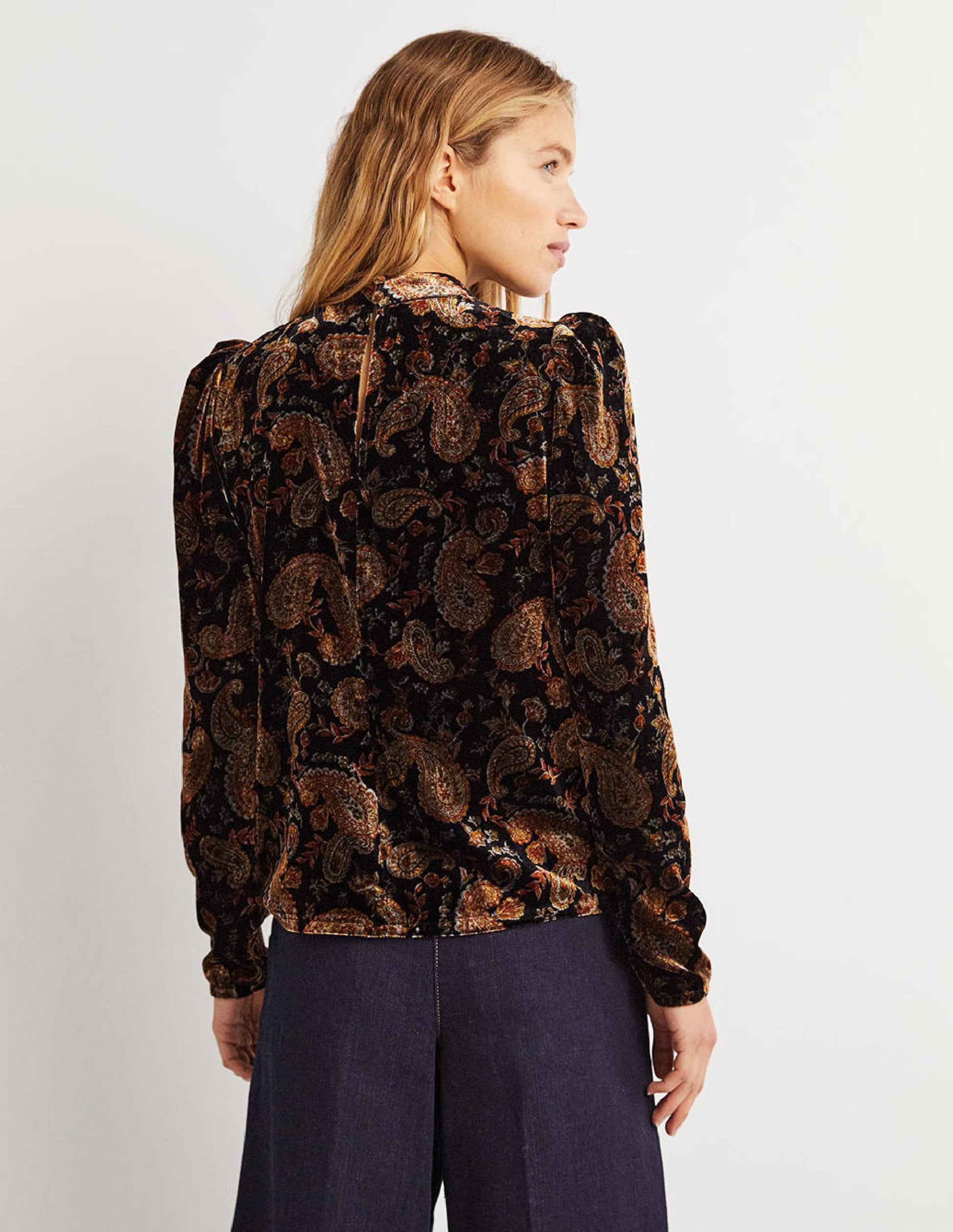 Black Paisley Mutton Sleeve Velvet Top-Schwarz, Paisleymuster-3