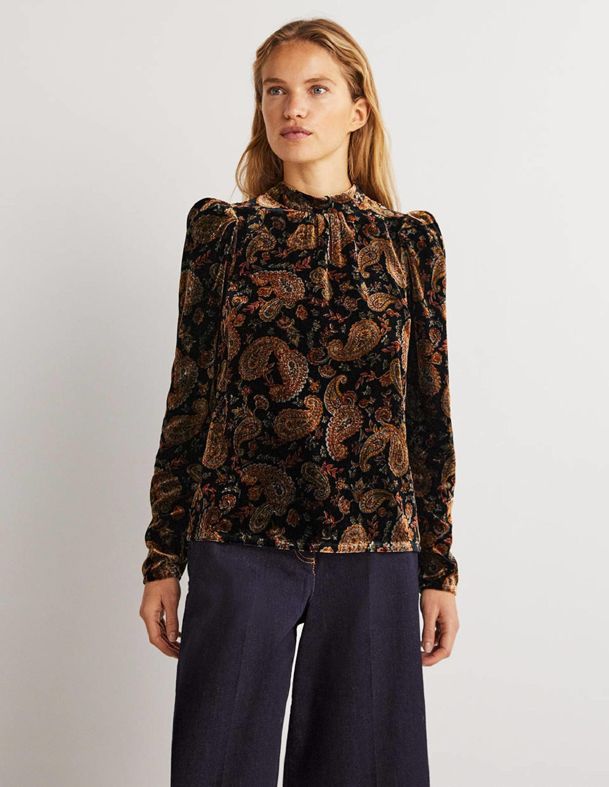 Black Paisley Mutton Sleeve Velvet Top-Schwarz, Paisleymuster-4