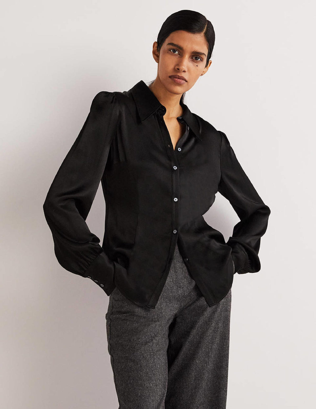 Dart Detail Satin Fitted Shirt-Black-1
