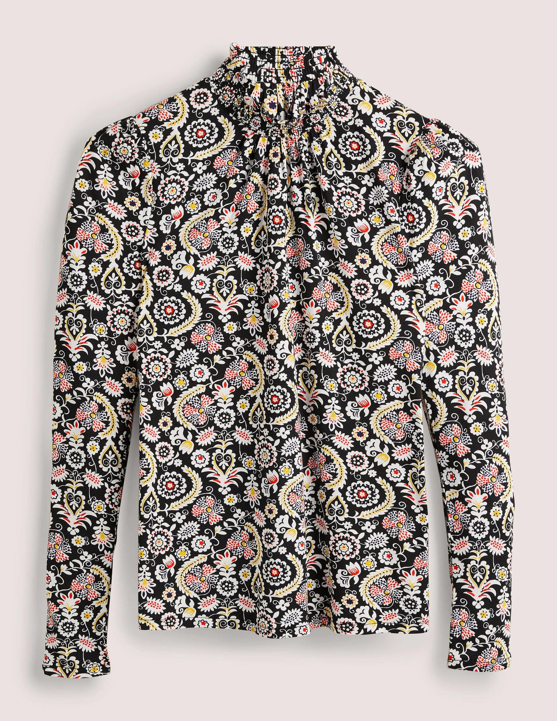 Top imprimé à col smocké-Noir, motif Tropic Charm-5