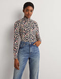 Top imprimé à col smocké-Noir, motif Tropic Charm