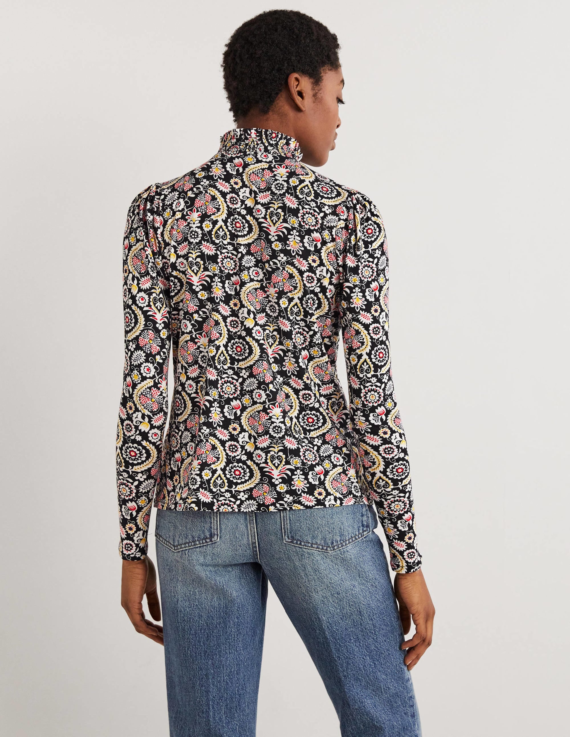 Top imprimé à col smocké-Noir, motif Tropic Charm - Image 3