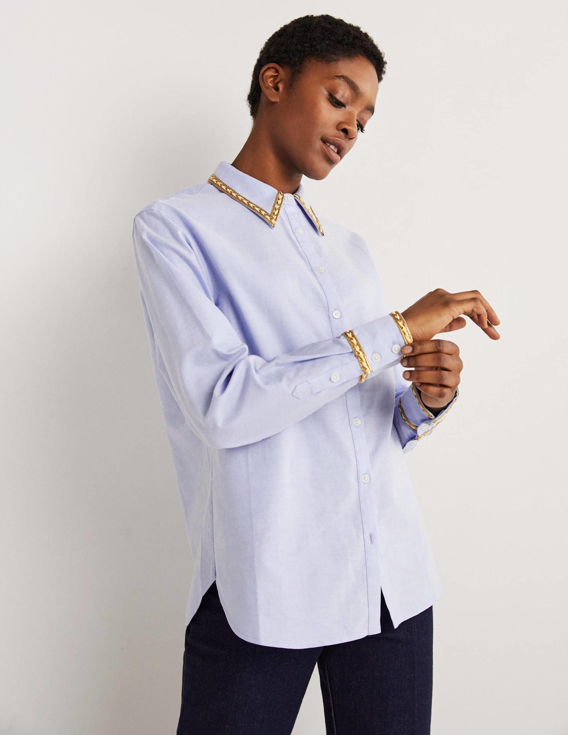 Gold Trim Relaxed Shirt-Chambray, Metallic-1