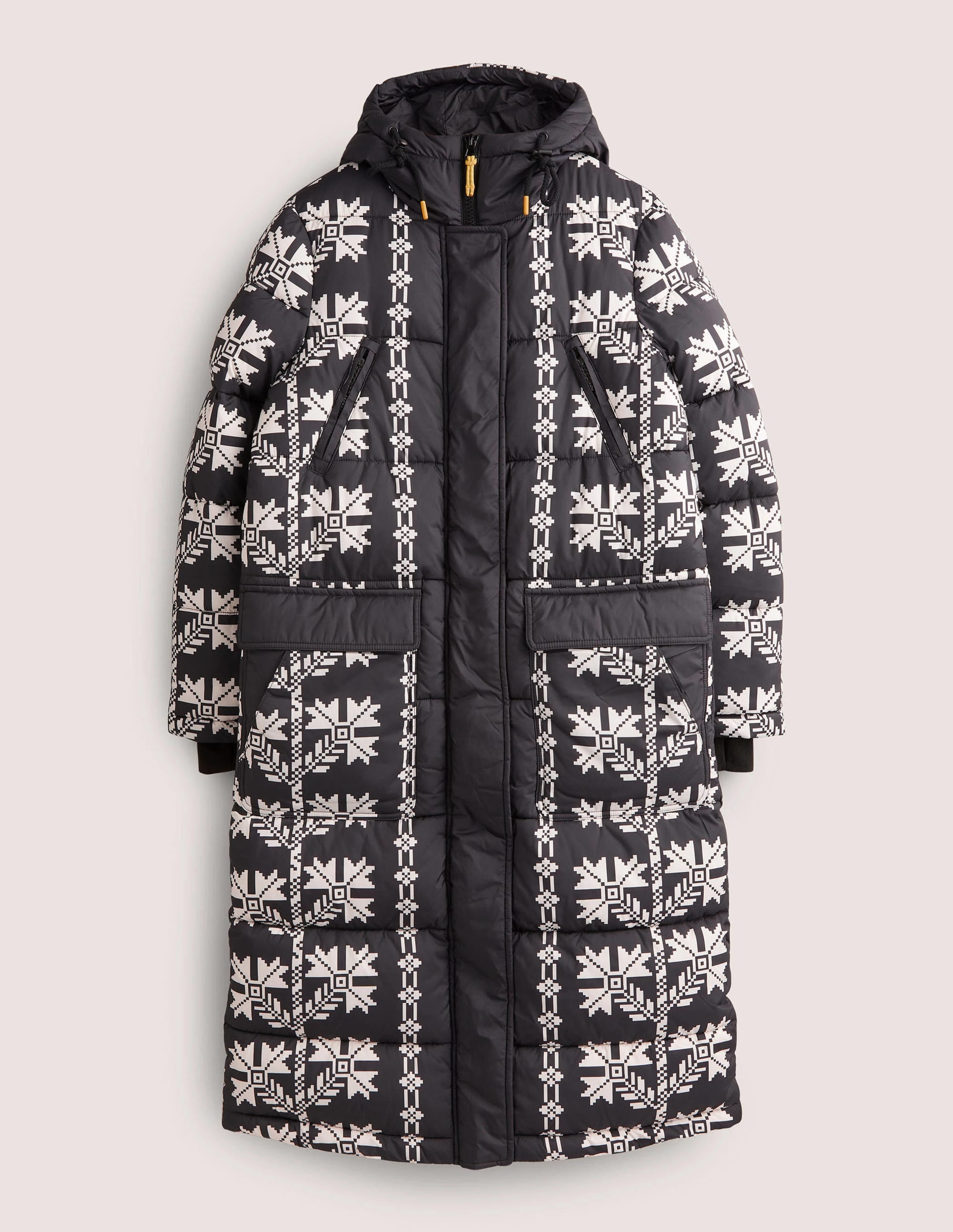 Longline Printed Puffer Coat-Black, Aztec Bloom - Image 7