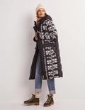 Longline Printed Puffer Coat-Black, Aztec Bloom