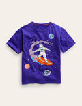 T-Shirt aus Baumwolle mit Weltraum-Druck-Blau Meliert Surfer