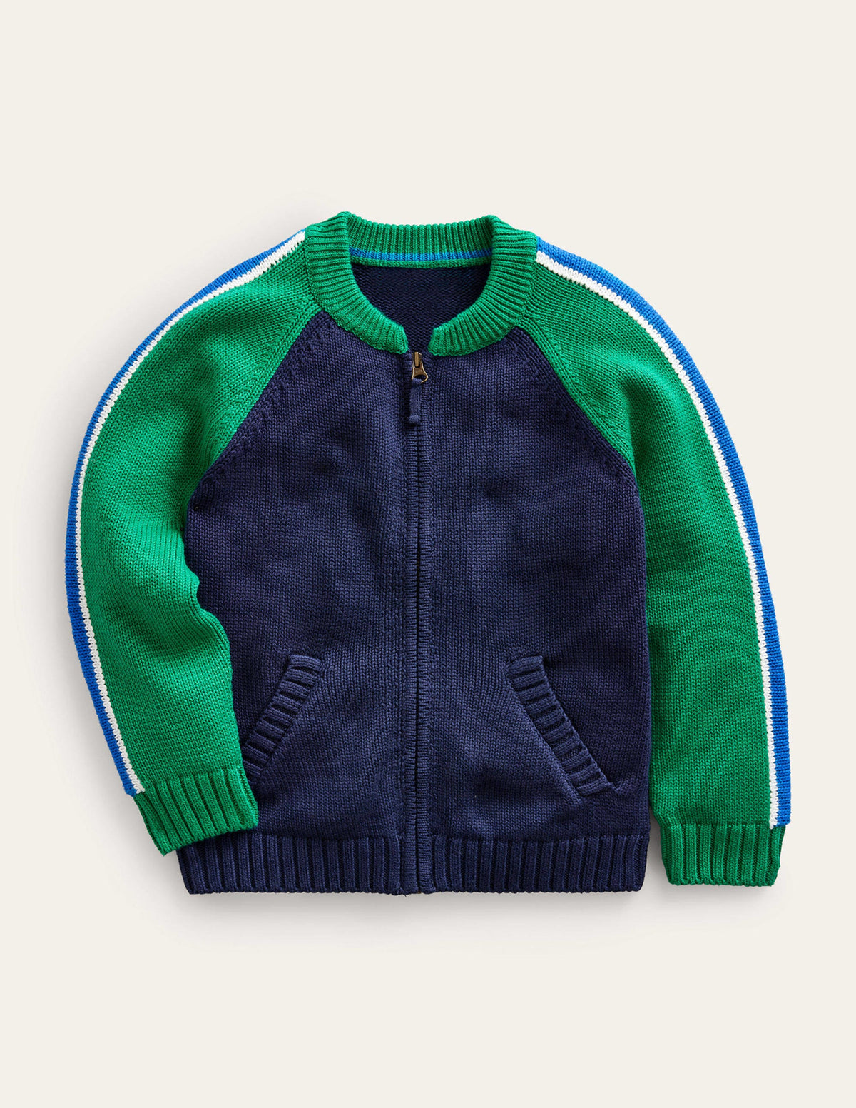 Zip Through Knitted Bomber-Deep Green/Navy-1