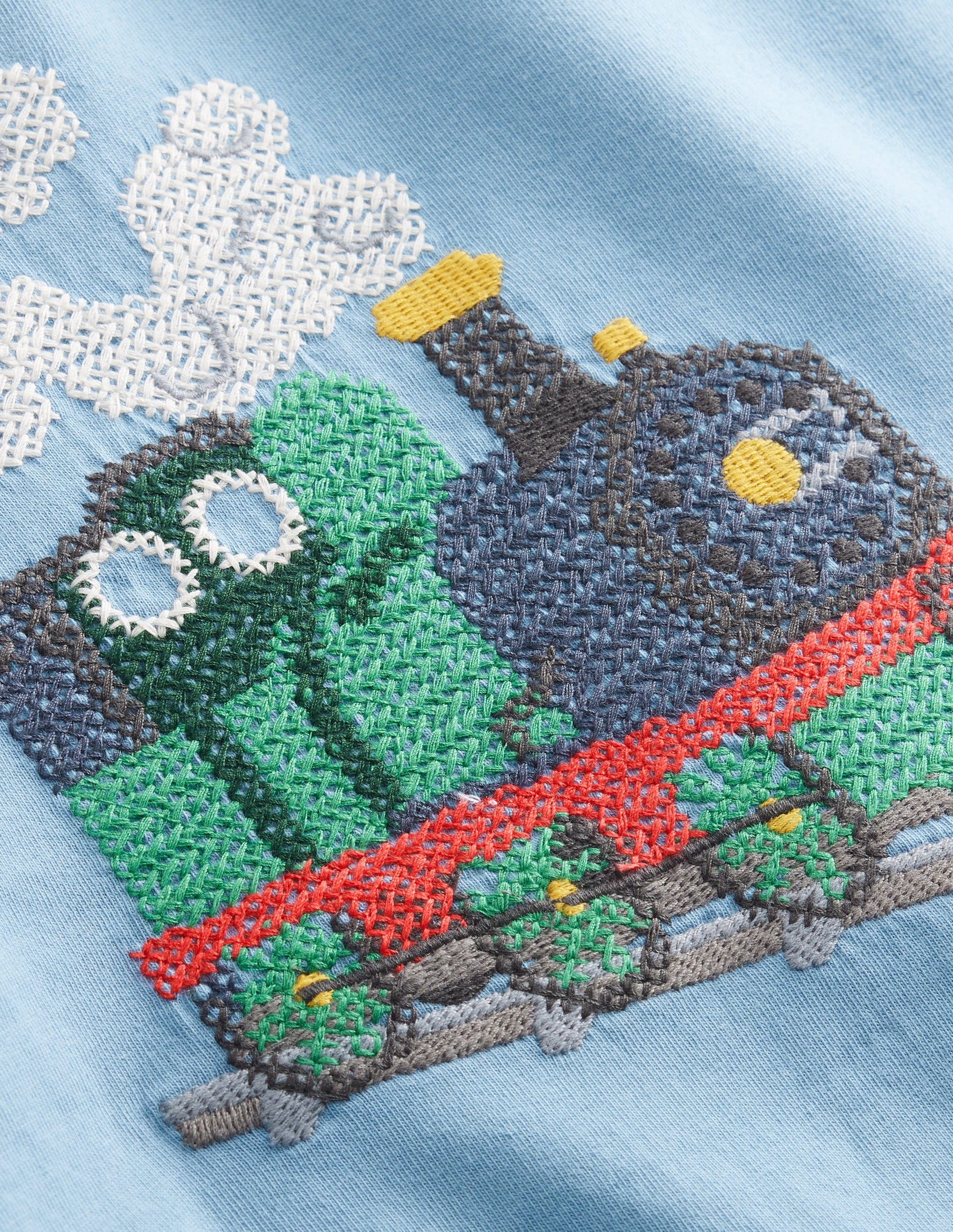 Cross-Stitch Cotton T-Shirt-Pebble Blue Train-4