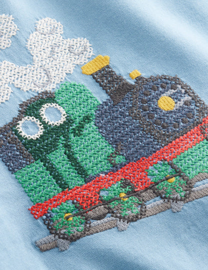 Cross-Stitch Cotton T-Shirt-Pebble Blue Train-4