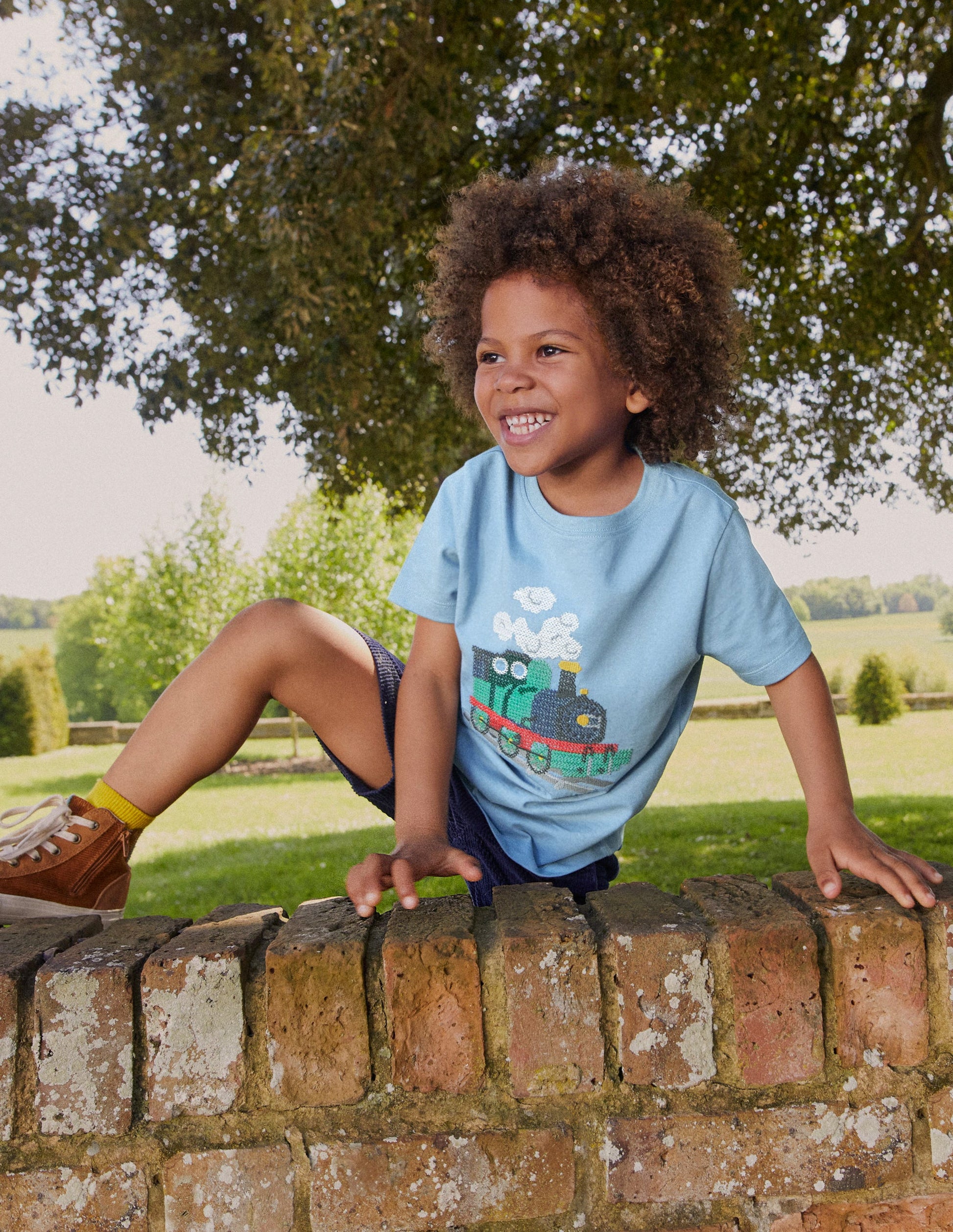 Cross-Stitch Cotton T-Shirt-Pebble Blue Train-1