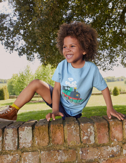 Cross-Stitch Cotton T-Shirt-Pebble Blue Train-1