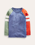 Raglan-T-Shirt mit Blockfarben-Blau/Grün/Orange Meliert
