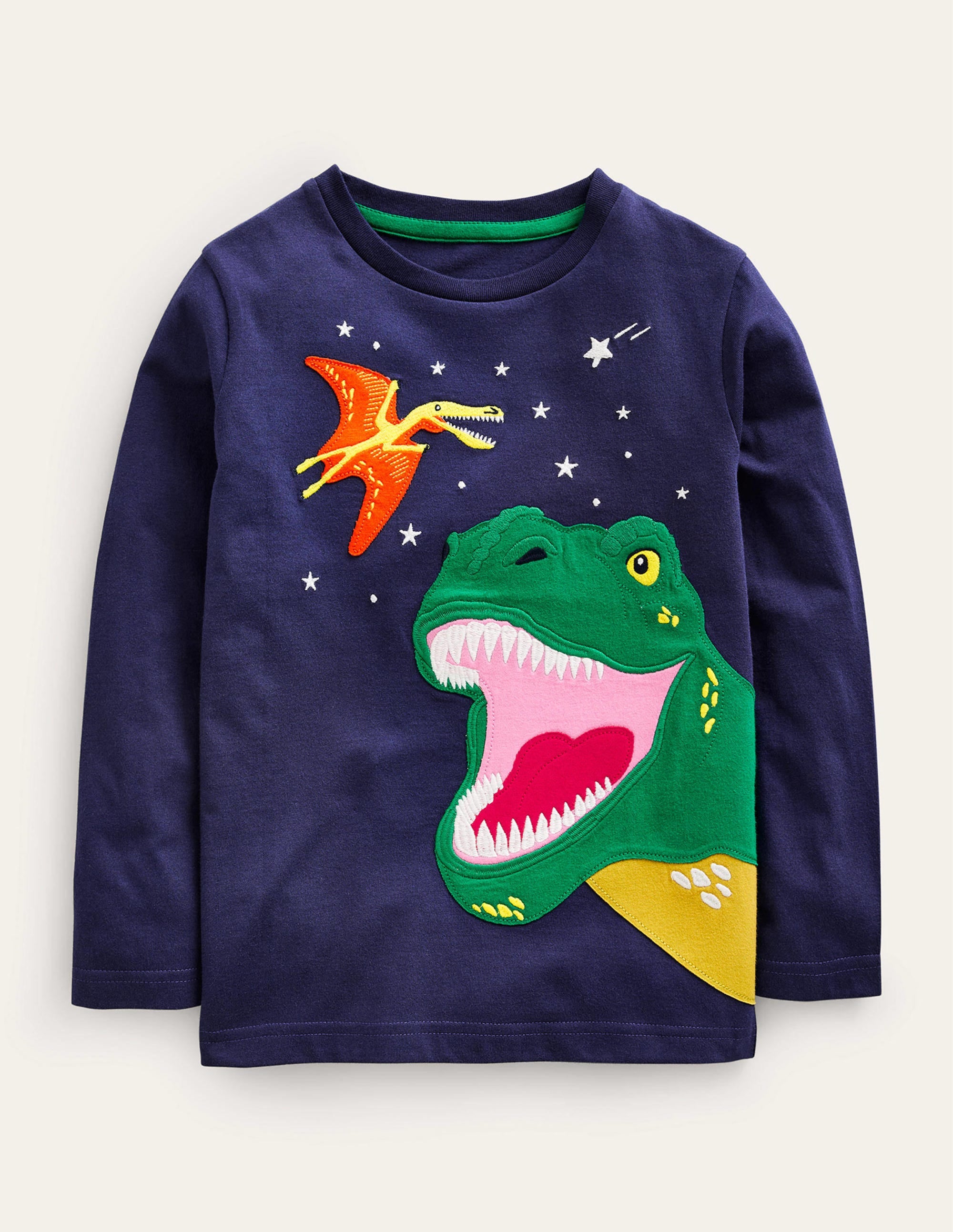 T-shirt à appliqué dinosaure-Dinosaure bleu marine universitaire - Image 1