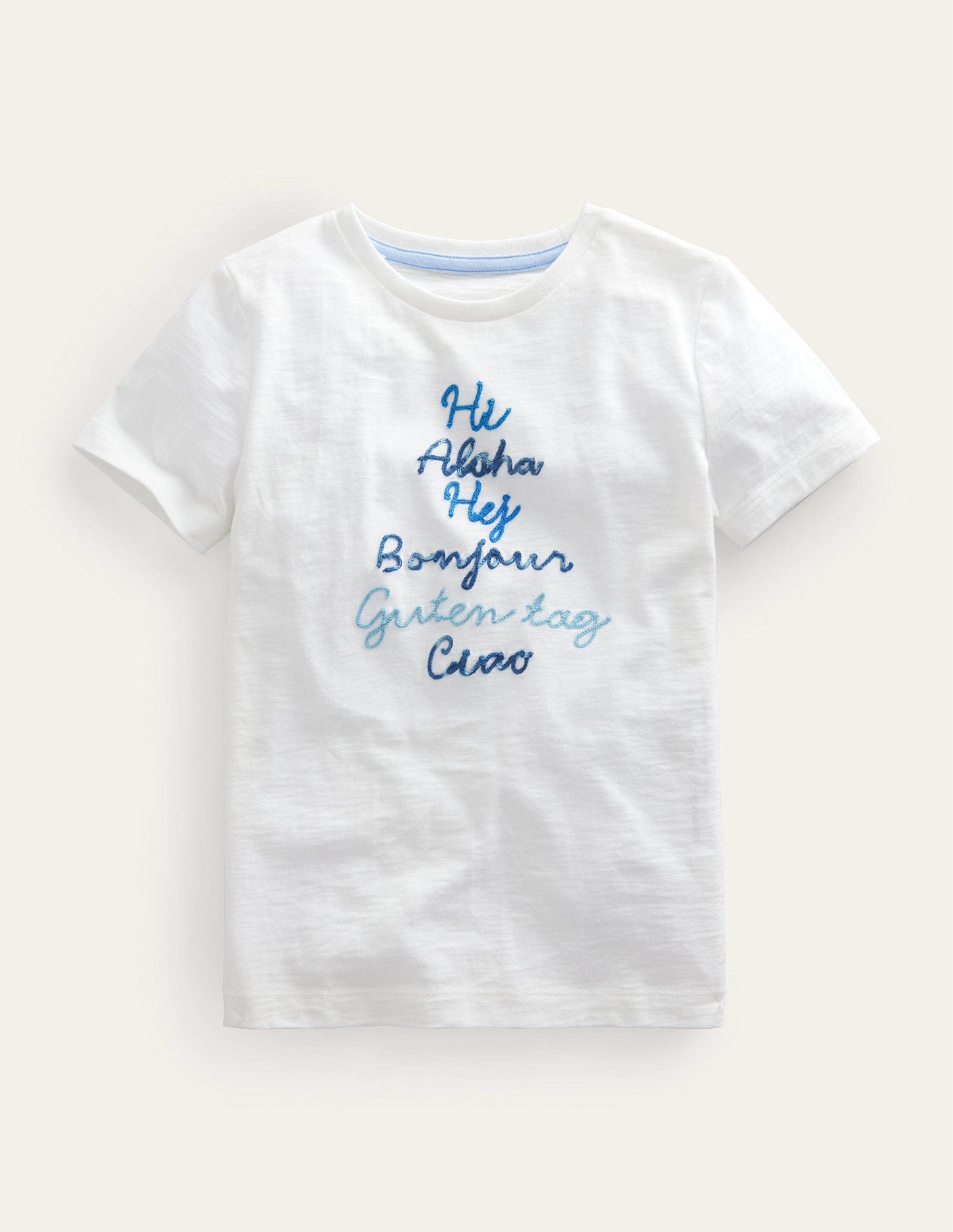 T-Shirt mit Kettenstich und Spruch-Naturweiß Hello-Motiv