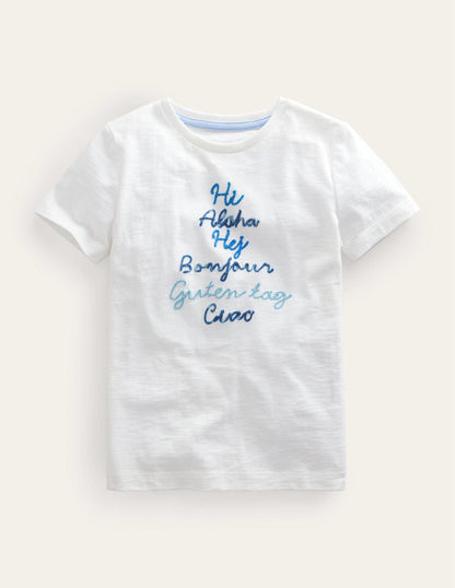 T-Shirt mit Kettenstich und Spruch-Naturweiß Hello-Motiv-2