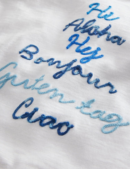 T-Shirt mit Kettenstich und Spruch-Naturweiß Hello-Motiv-4
