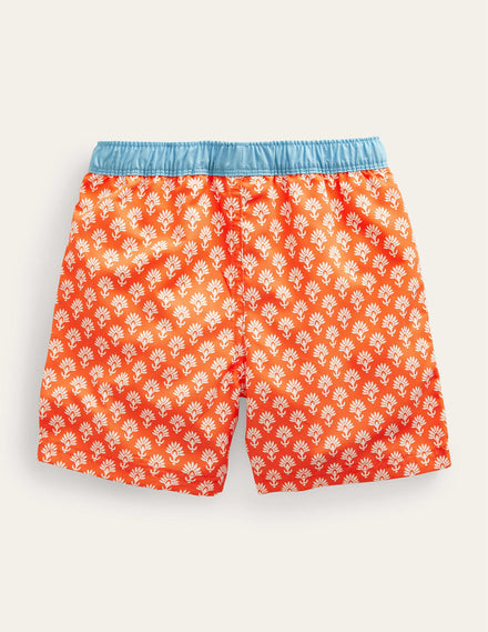Badeshorts-Orangerot, Holzschnittmuster
