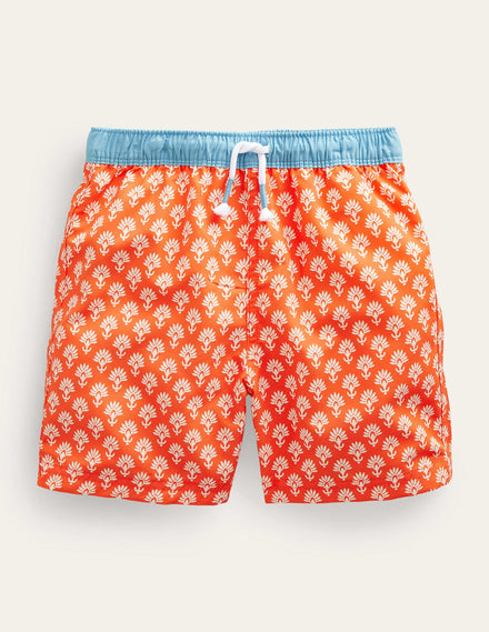 Badeshorts-Orangerot, Holzschnittmuster