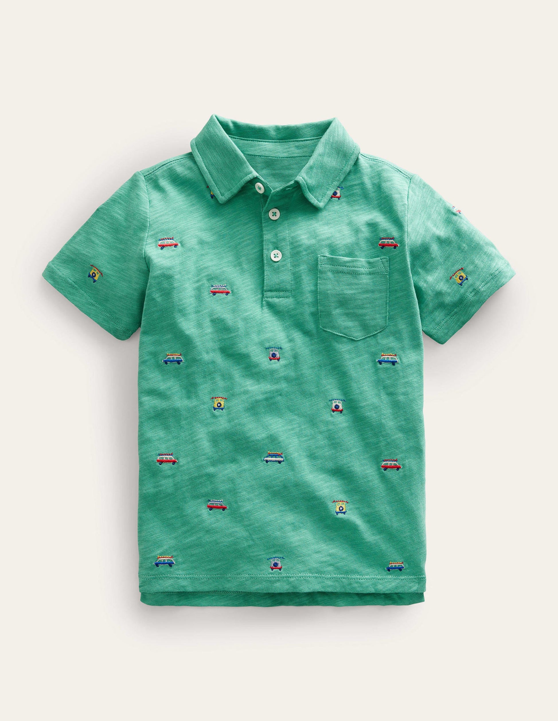 Embroidered Slubbed Polo Shirt-Green Cars-1
