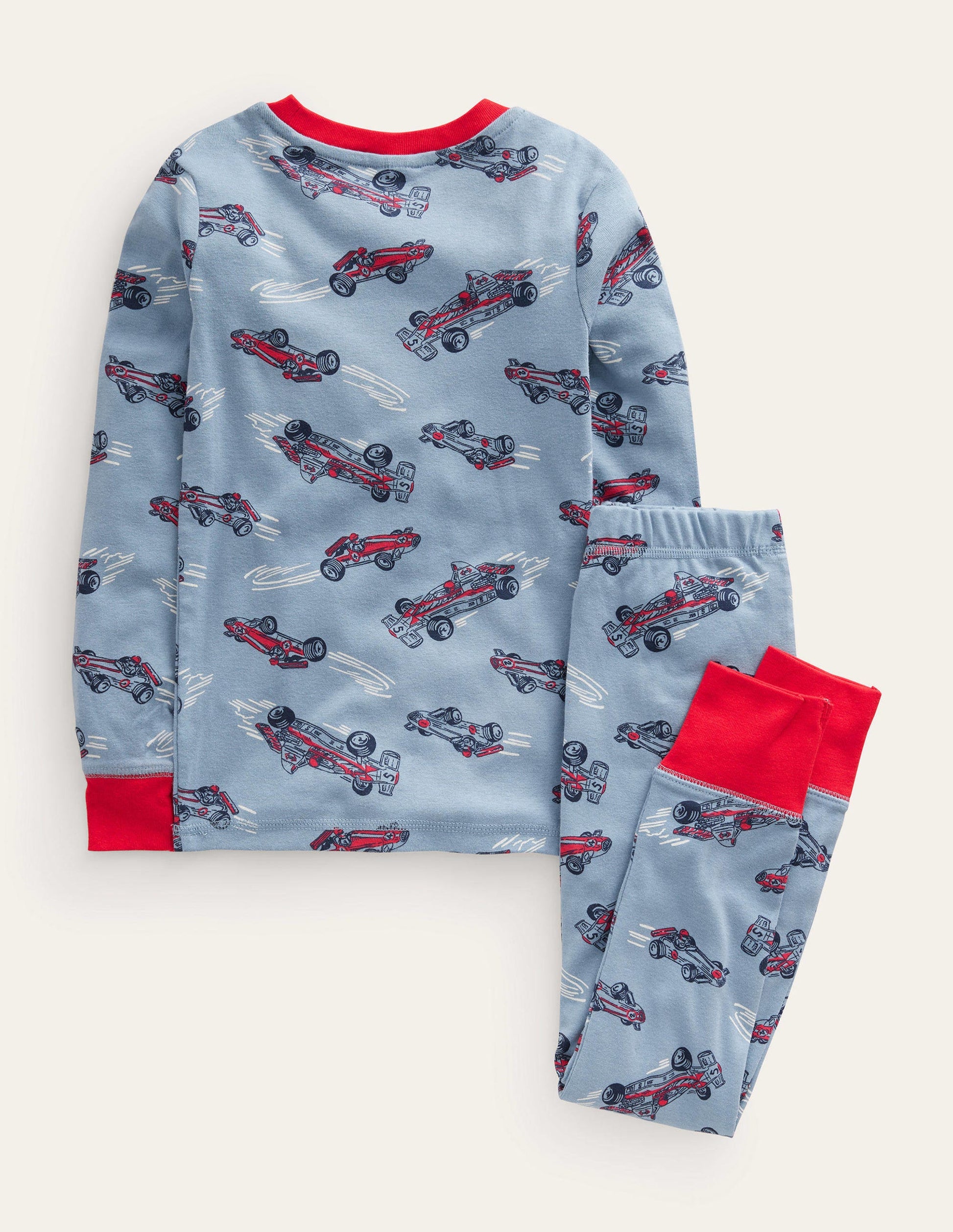 Snug Single Long John Pyjamas-Pebble Blue Race Car-2