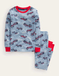 Snug Single Long John Pyjamas-Pebble Blue Race Car