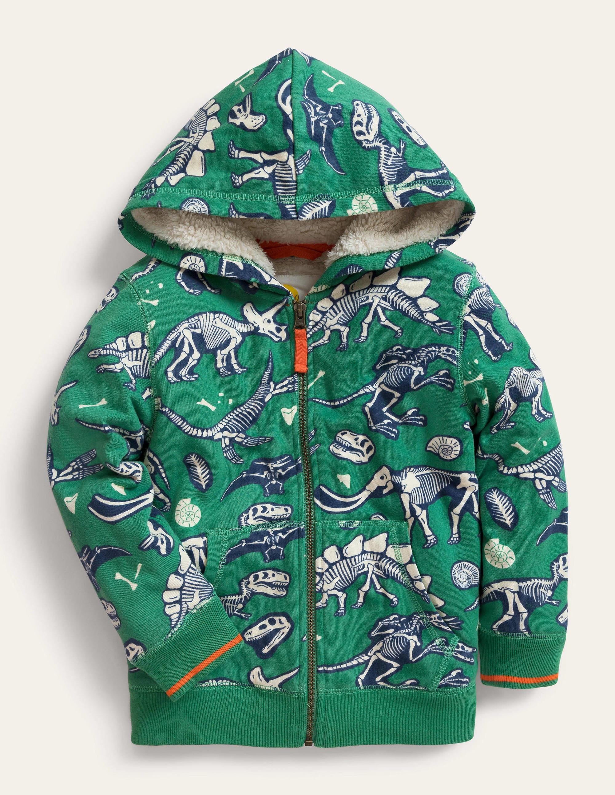 Weich gefütterter gemusterter Kapuzenpullover-Dunkles Grasgrün, Dinosaurier, Knochen - Image 1