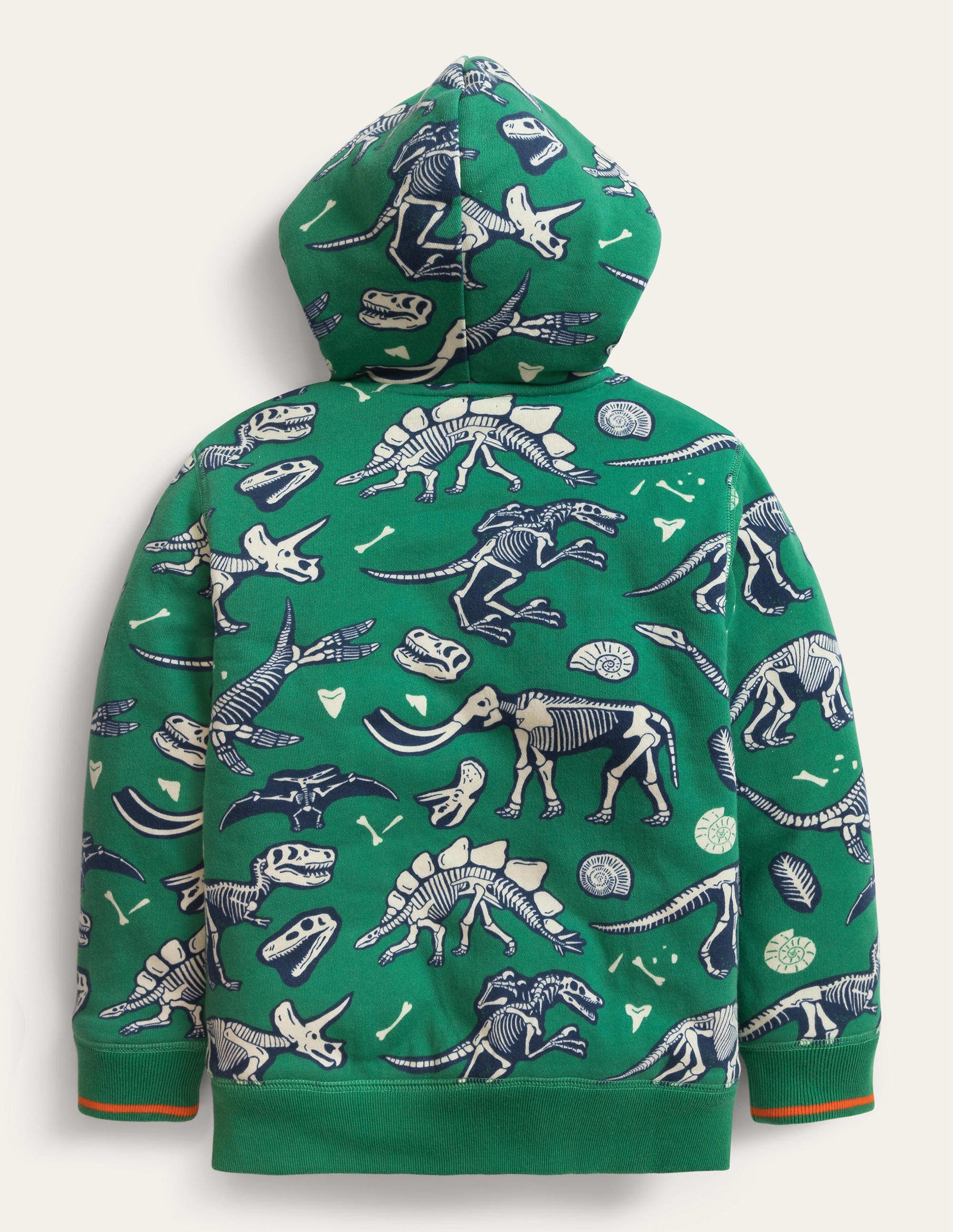 Weich gefütterter gemusterter Kapuzenpullover-Dunkles Grasgrün, Dinosaurier, Knochen-2