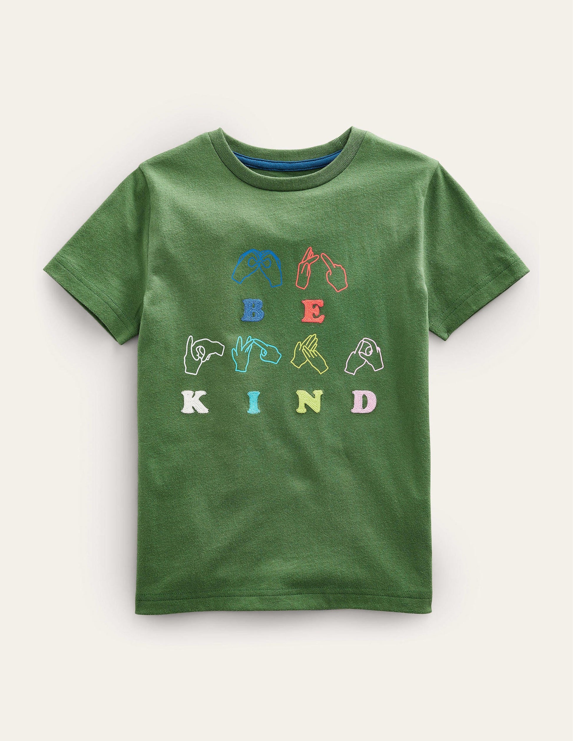 T-Shirt mit Kettenstich und Spruch-Safarigrün, Be Kind-1