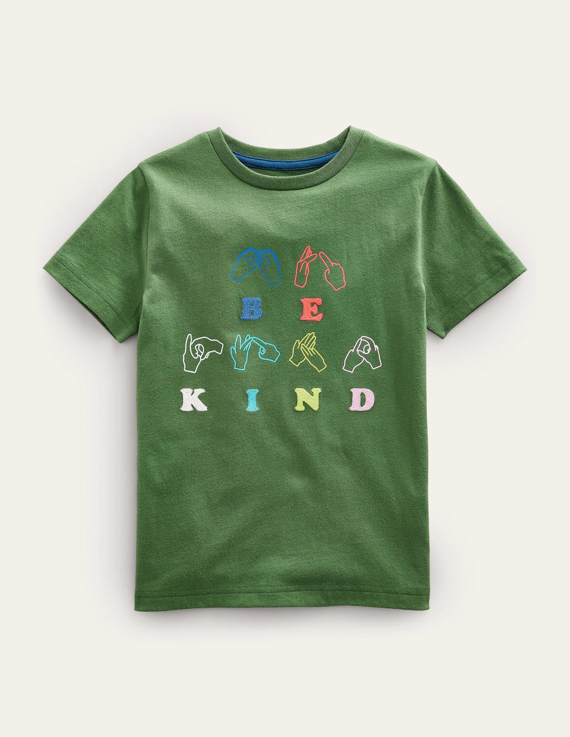 T-Shirt mit Kettenstich und Spruch-Safarigrün, Be Kind - Image 1