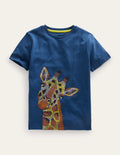 T-shirt à super surpiqûres-Girafe bleu saphir