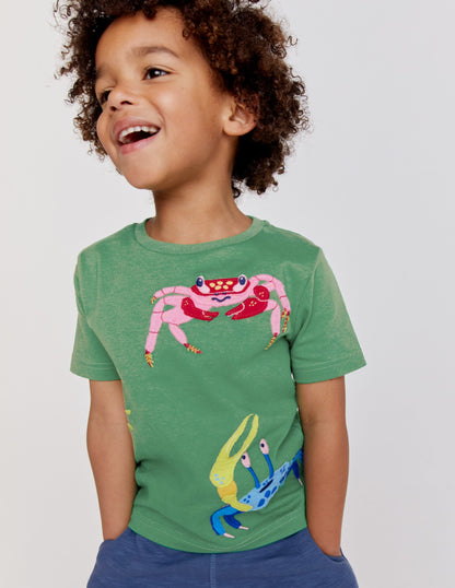 Appliqué Textured T-shirt-Safari Green Crabs-5