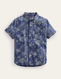 Chemise en coton et lin-Bleu palmier des îles