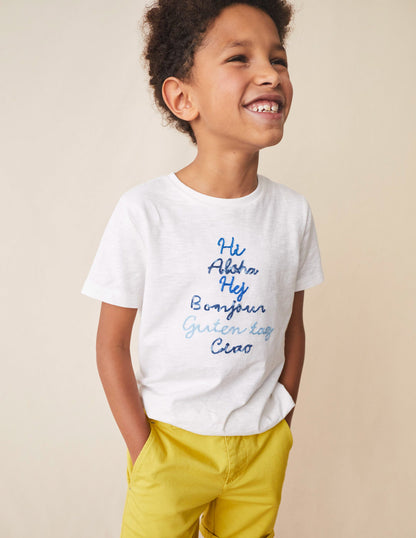T-Shirt mit Kettenstich und Spruch-Naturweiß Hello-Motiv-1