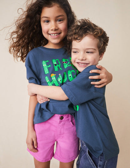 T-Shirt mit Spruch-Roboterblau, Free Hugs