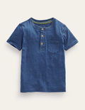 T-shirt à col tunisien en coton délavé-Bleu indigo