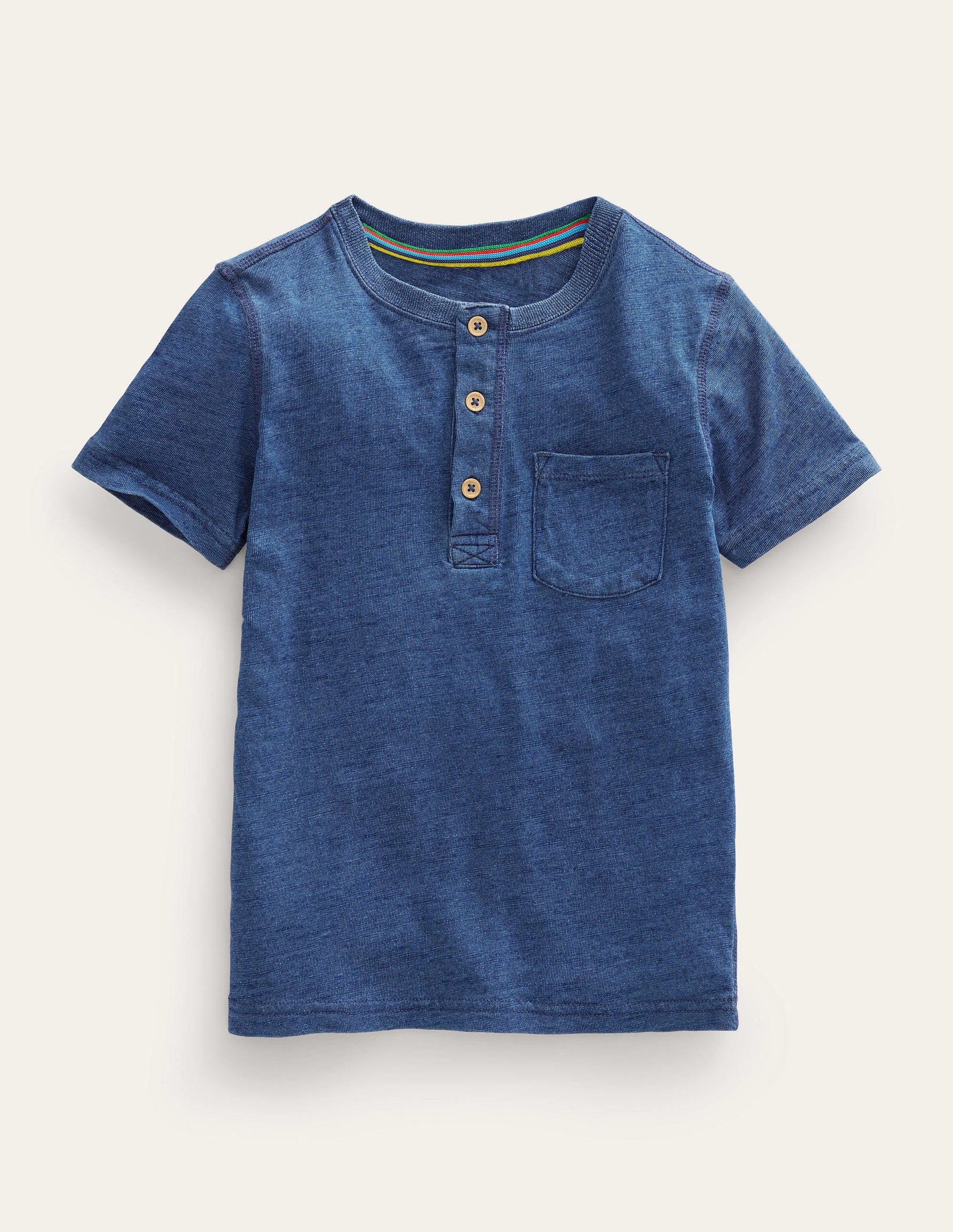 T-shirt à col tunisien en coton délavé-Bleu indigo-1