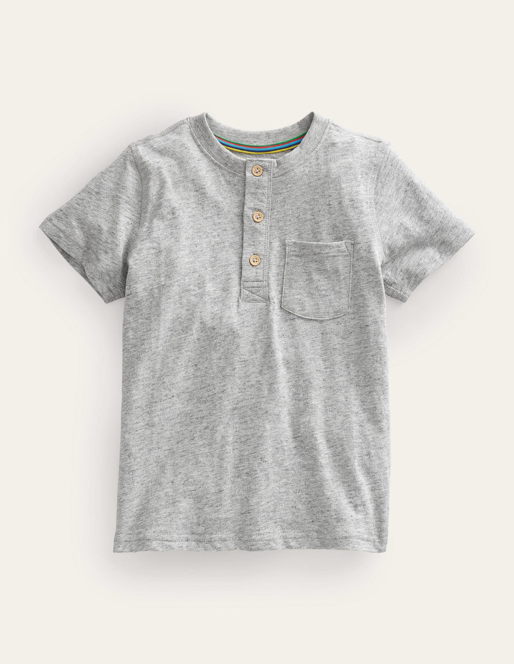 T-shirt à col tunisien en coton délavé-Gris chiné - Image 1