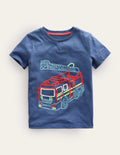 T-Shirt mit Kettenstichmotiv-Roboterblau, Feuerwehrauto