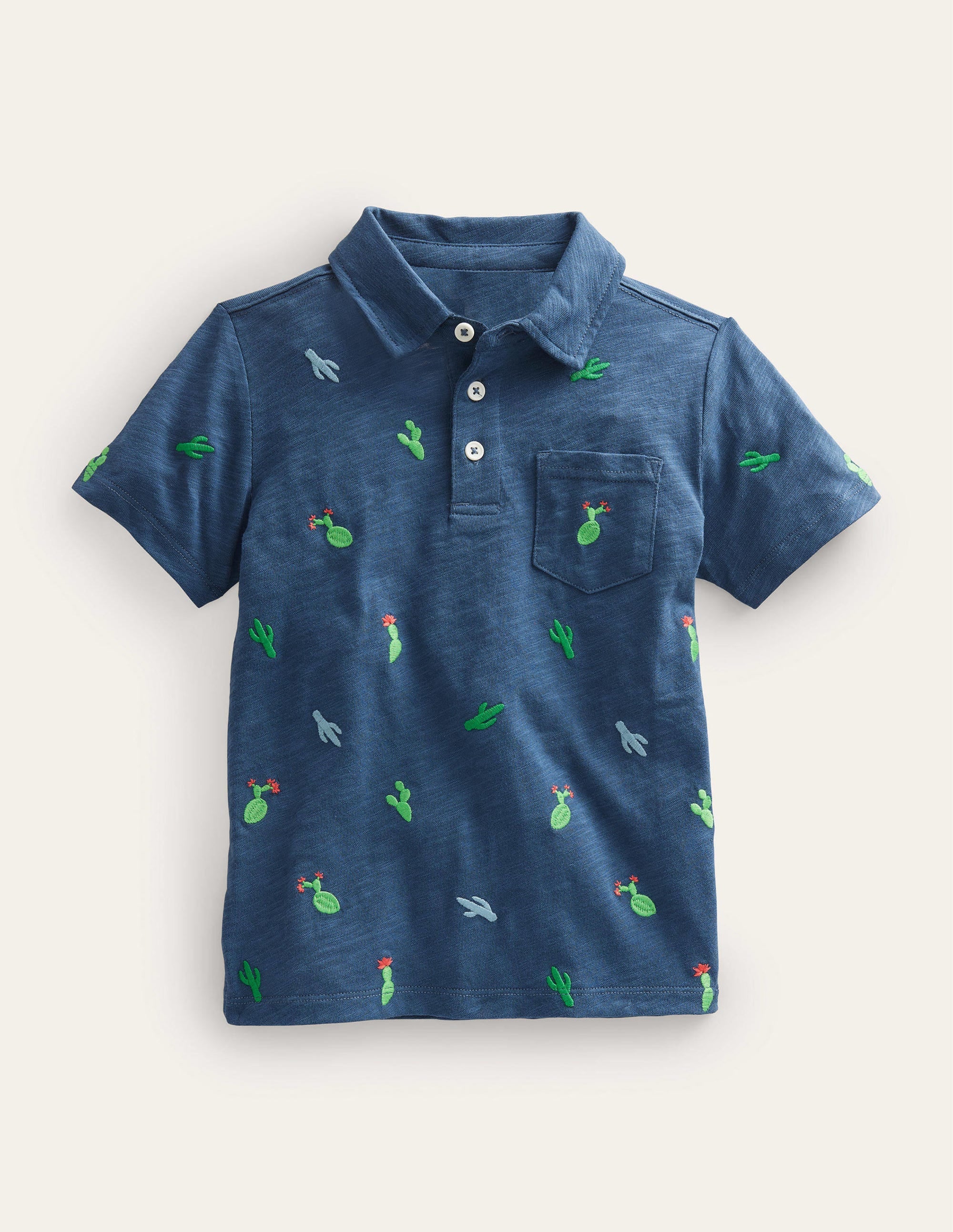 Embroidered Slubbed Polo Shirt-Robot Blue Cactus - Image 1