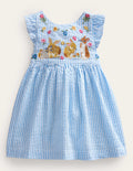 Gewebtes Schürzenkleid-Naturweiß/Blau, Feine Streifen/Häschen