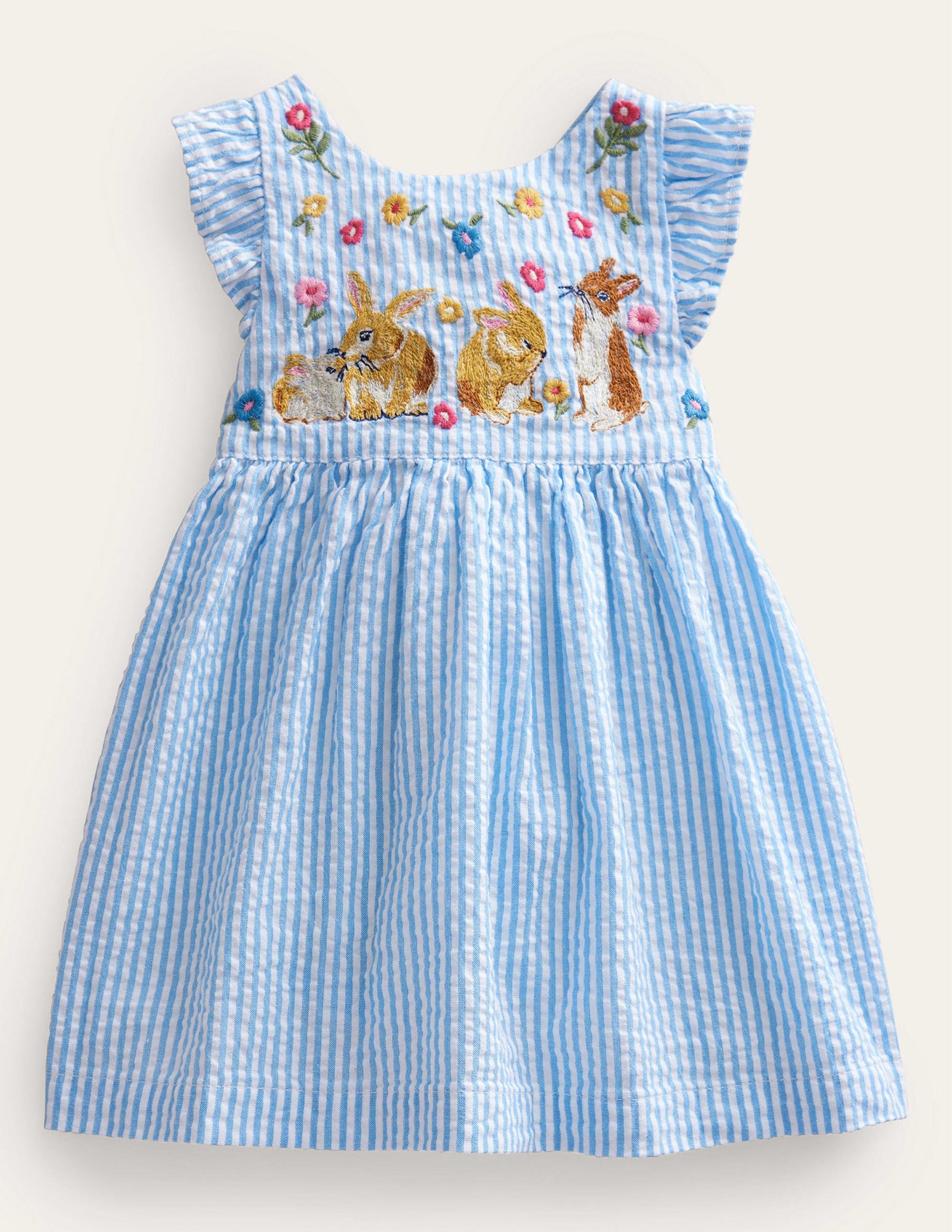 Gewebtes Schürzenkleid-Naturweiß/Blau, Feine Streifen/Häschen-1