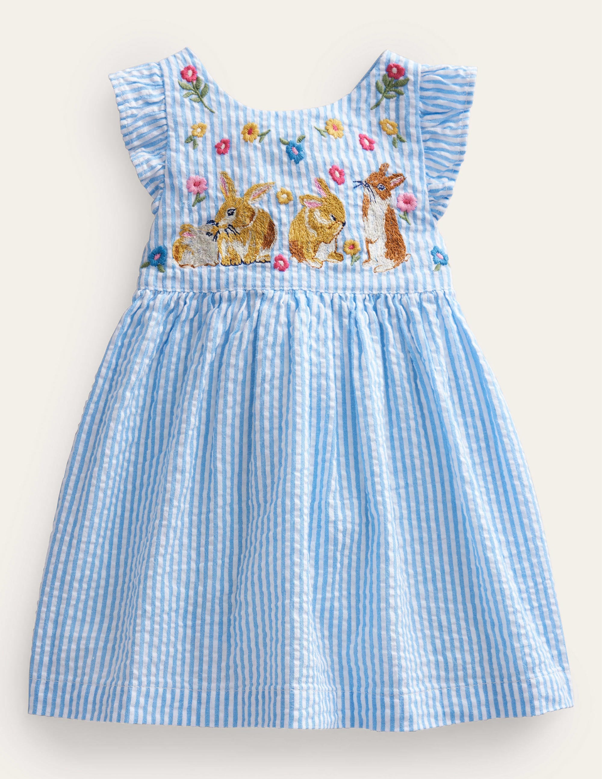 Gewebtes Schürzenkleid-Naturweiß/Blau, Feine Streifen/Häschen - Image 1