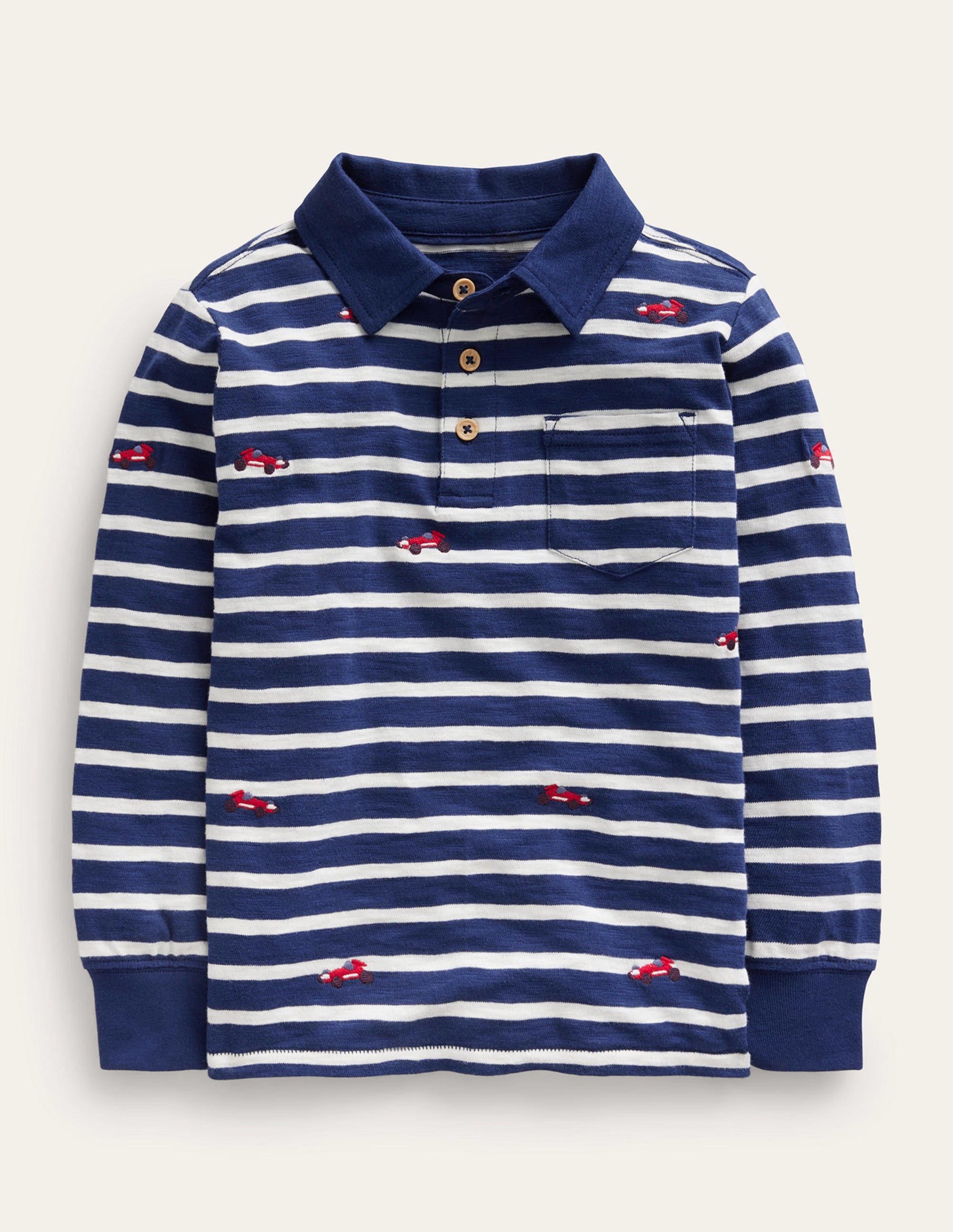 Flammgarn-Poloshirt mit Stickerei-Naturweiß/Marineblau Autos - Image 1