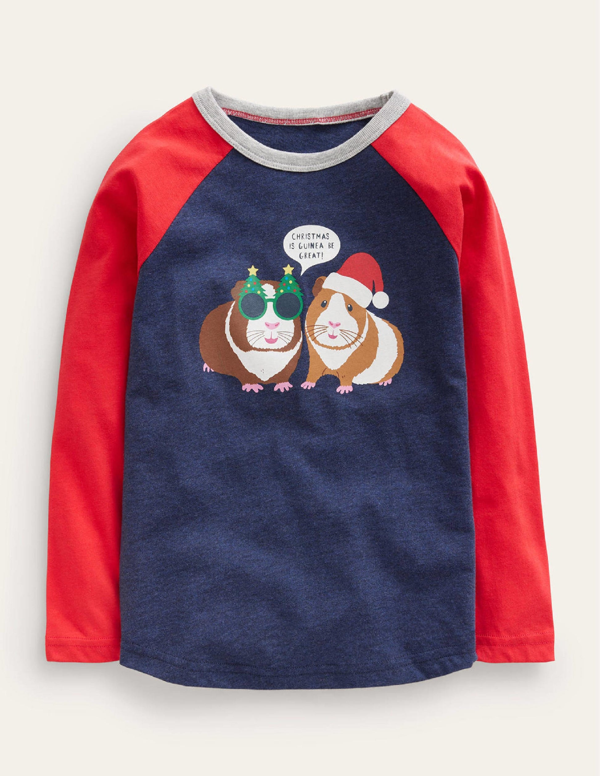 T-shirt à manches raglan cochon d'Inde de Noël-Rouge rockabilly/bleu chiné-1