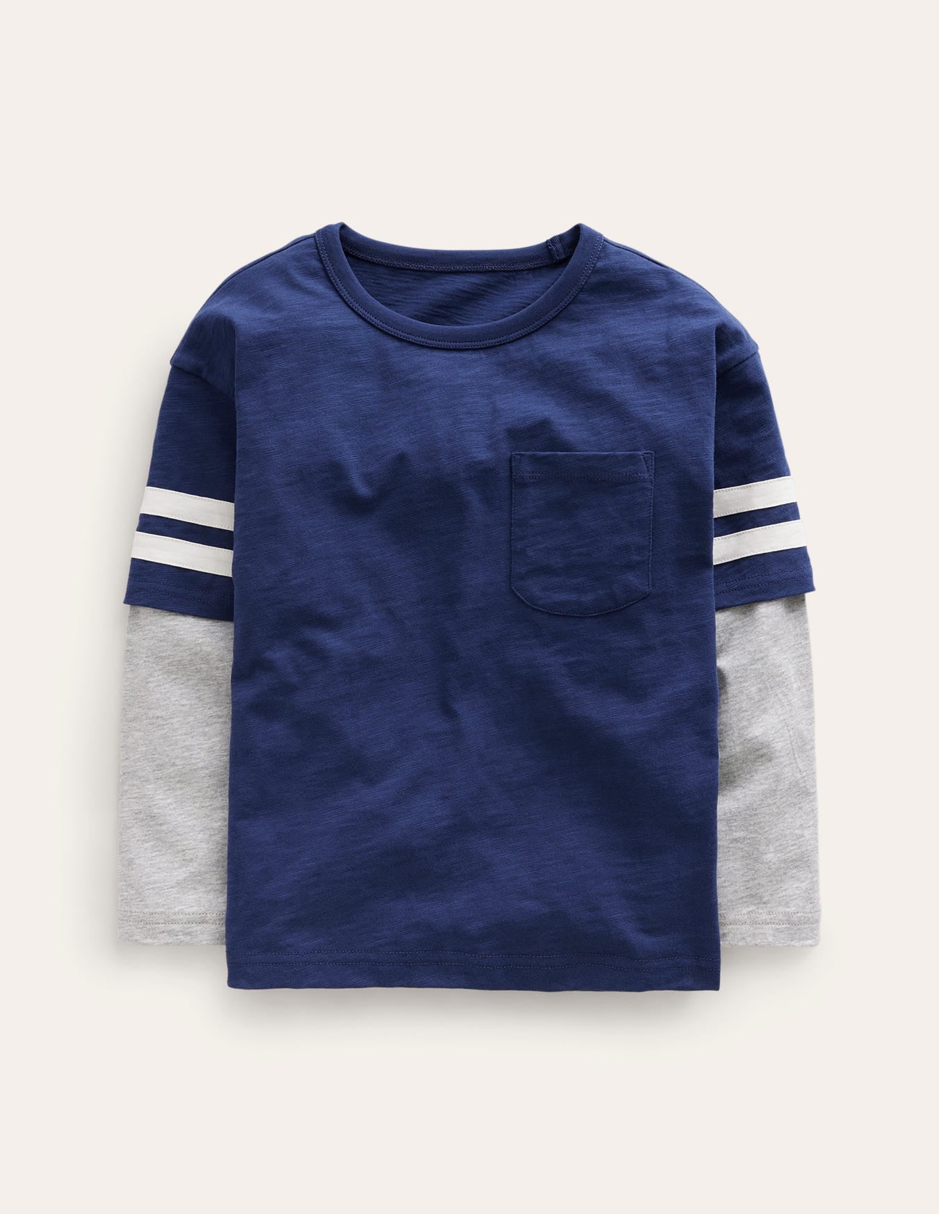 Gestreiftes T-Shirt im Lagenlook-Schuluniform-Marineblau Meliert-1