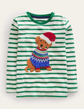 T-shirt à appliqué festif-Chien vert profond/ivoire