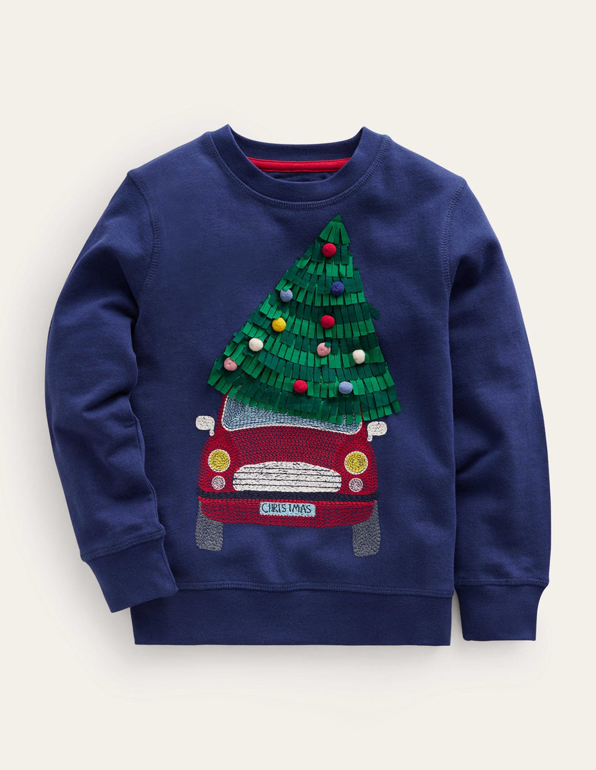 Pull à motif sapin de Noël en super surpiqûres-Sapin de Noël bleu marine universitaire-1