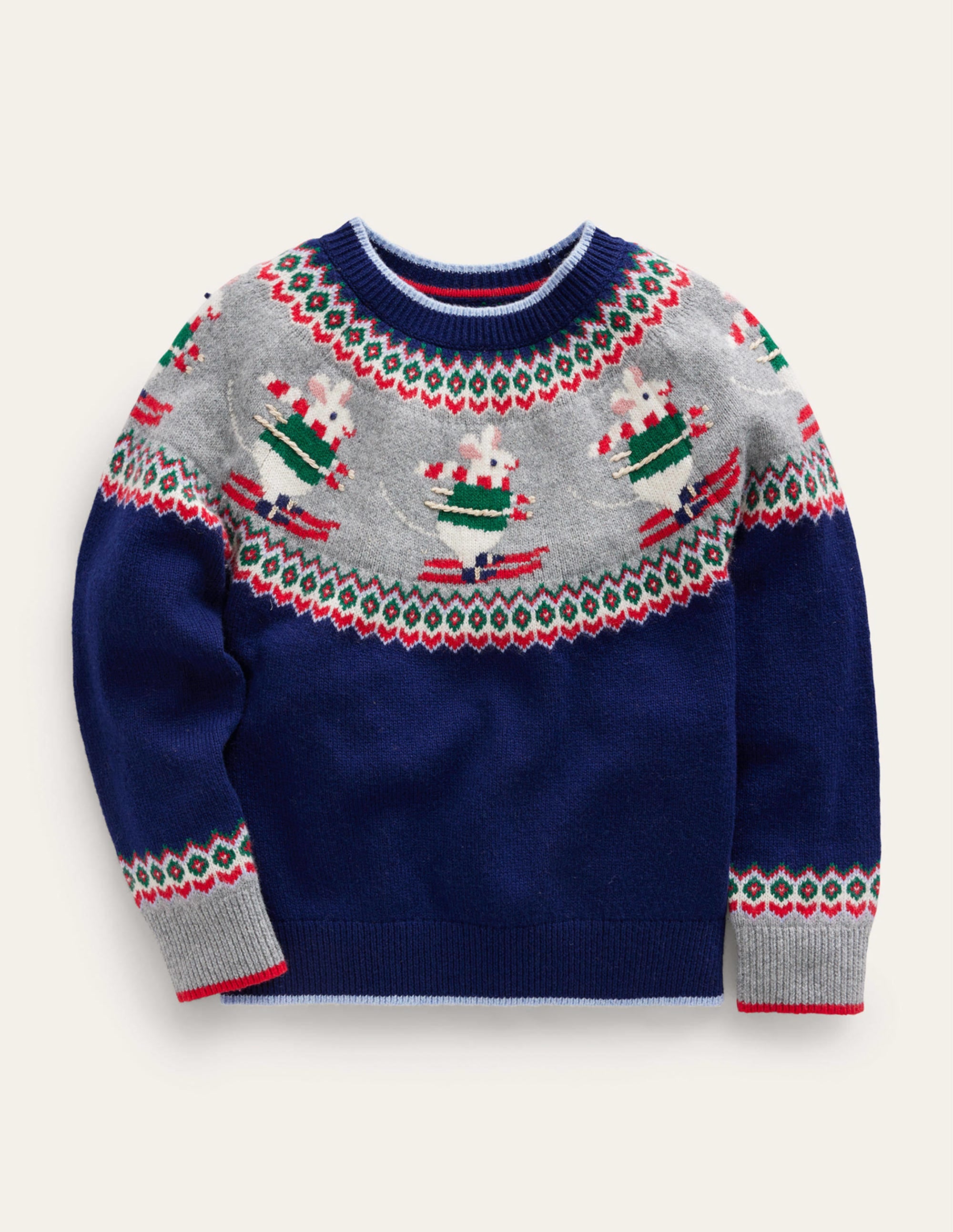 Novelty Fair Isle Jumper-French Navy Skiing Mice - Image 1